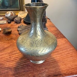Vintage Brass Decorative Vase with Etched Leaf Motif